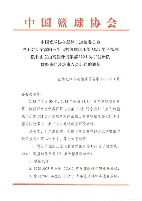 中国篮协发布U21群殴事件惩办见告：4名球员停赛3年