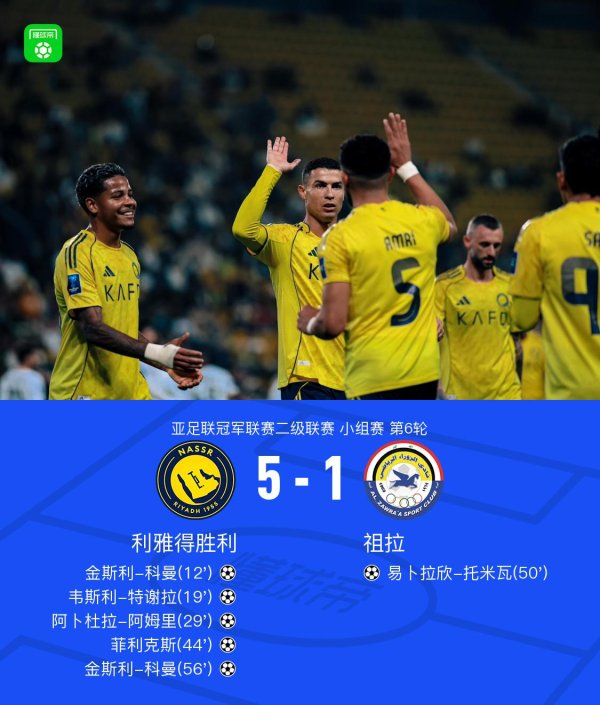 利雅得告捷5-1祖拉全胜战绩出线，C罗助攻，菲利克斯传射立功