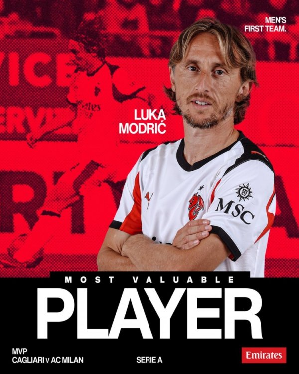 群众级推崇! 官方：莫德里奇当选对阵卡利亚里全场最好球员